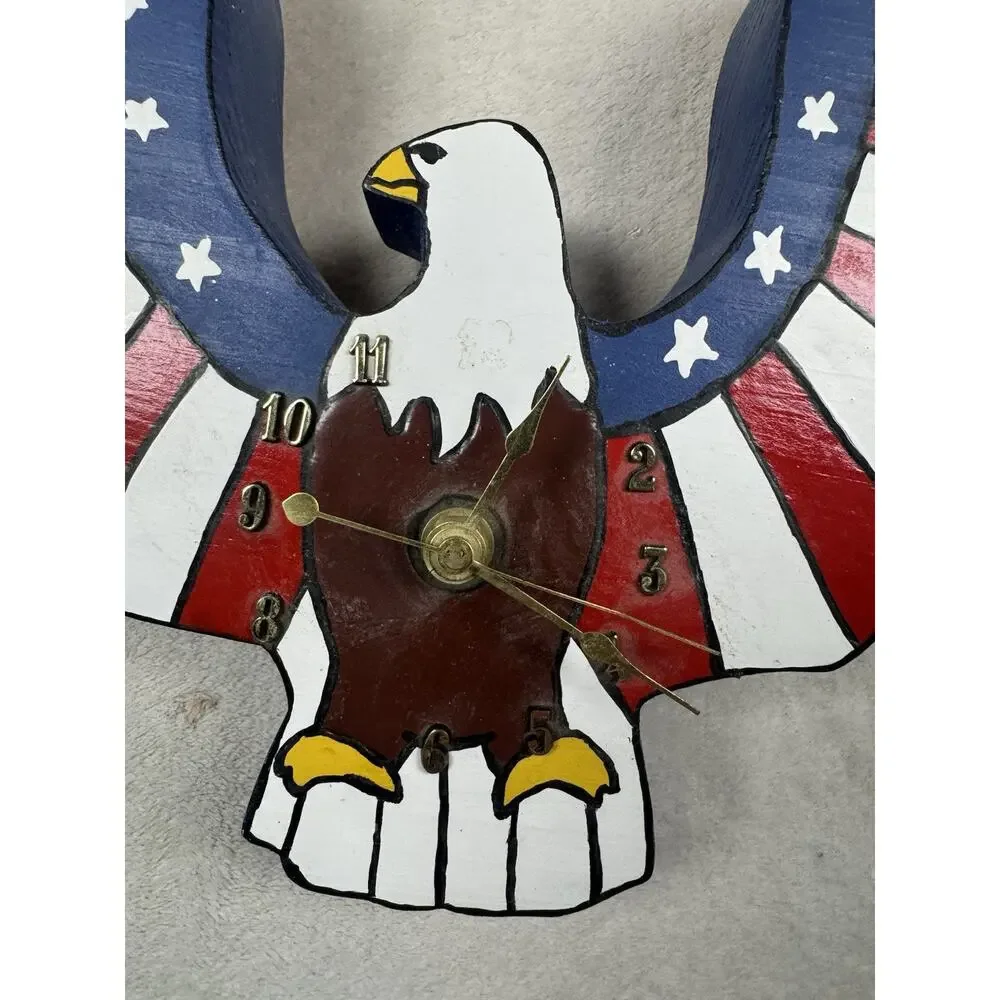 Giftco USA Wooden Patriotic Bald Eagle Quartz Wall Clock Hand Painted Americana